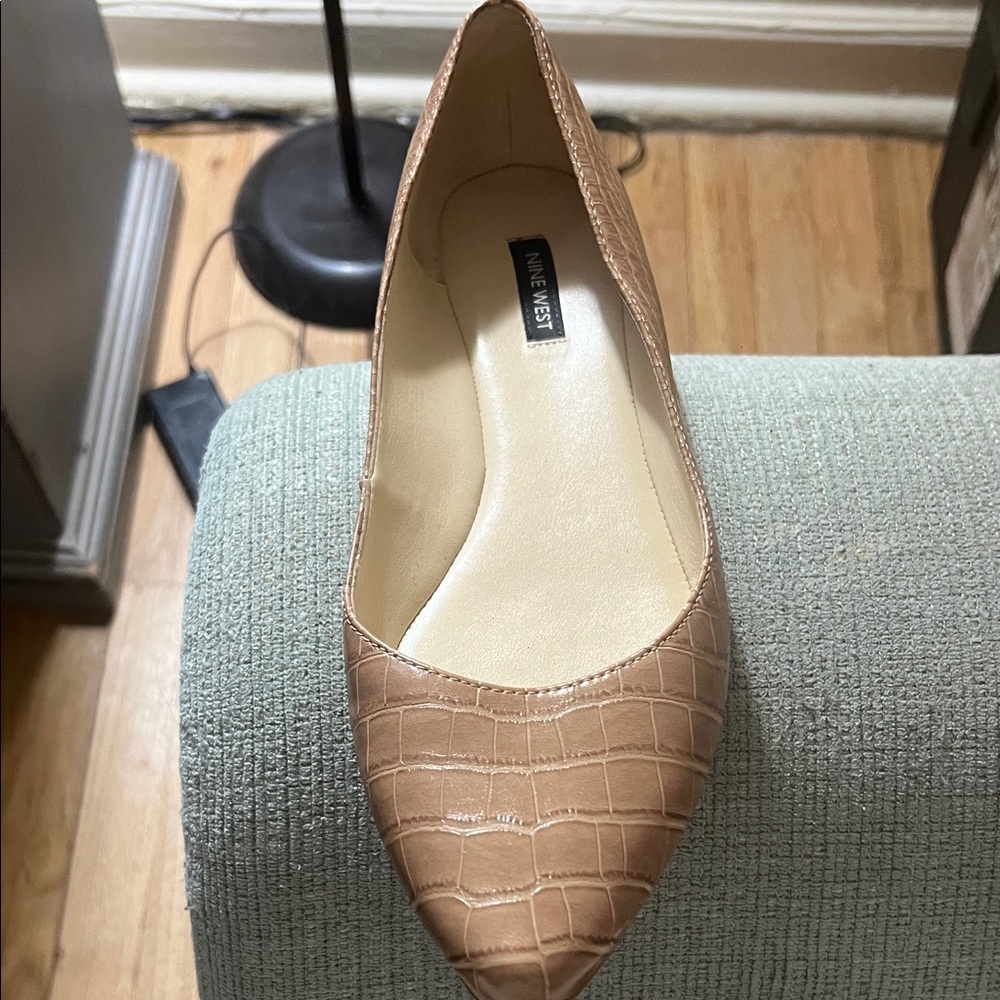 Nine West Tan Croc-Embossed Pointed Toe Flat